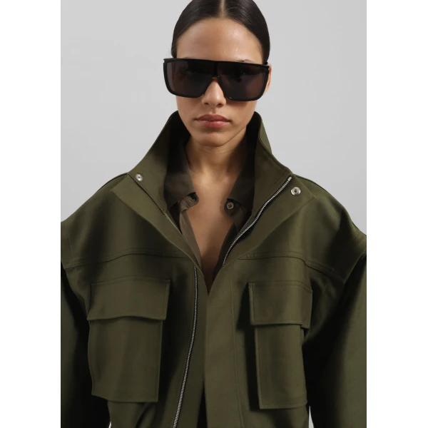 The Frankie Shop Melton Detachable Sleeve Cargo Jacket - Khaki - Oversized Minimalist Jackets in Green - Shop at Luxury Shoes 