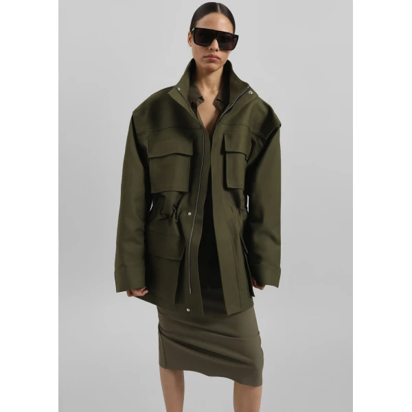 The Frankie Shop Melton Detachable Sleeve Cargo Jacket - Khaki - Oversized Minimalist Jackets in Green - Shop at Luxury Shoes 