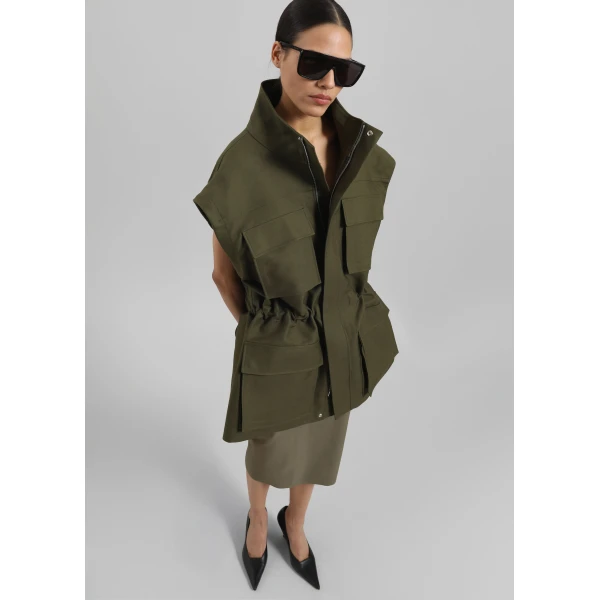 The Frankie Shop Melton Detachable Sleeve Cargo Jacket - Khaki - Oversized Minimalist Jackets in Green - Shop at Luxury Shoes 
