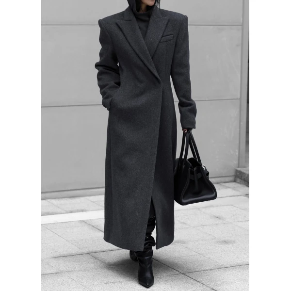The Frankie Shop Melva Long Coat - Charcoal - Oversized Minimalist Coats in Grey - Shop at Luxury Shoes 