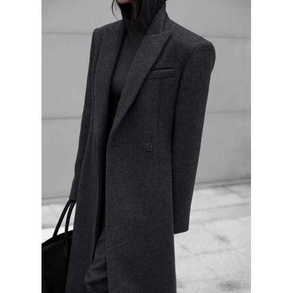The Frankie Shop Melva Long Coat - Charcoal - Oversized Minimalist Coats in Grey - Shop at Luxury Shoes 