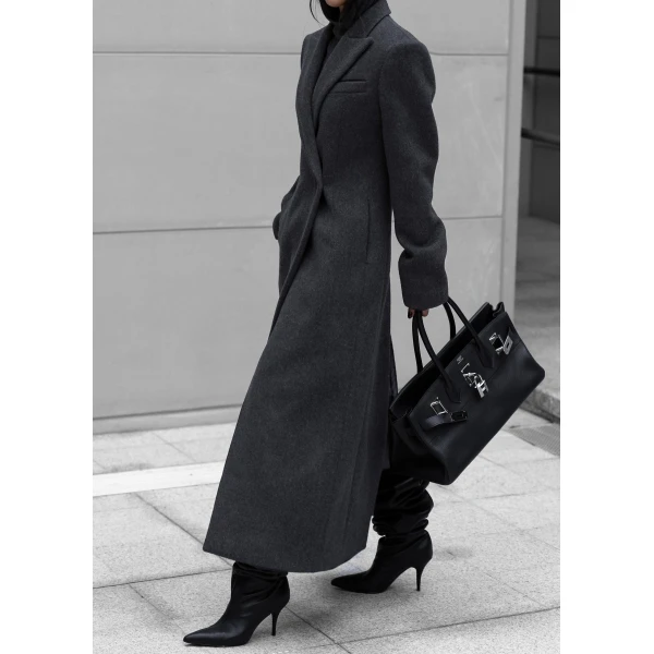 The Frankie Shop Melva Long Coat - Charcoal - Oversized Minimalist Coats in Grey - Shop at Luxury Shoes 