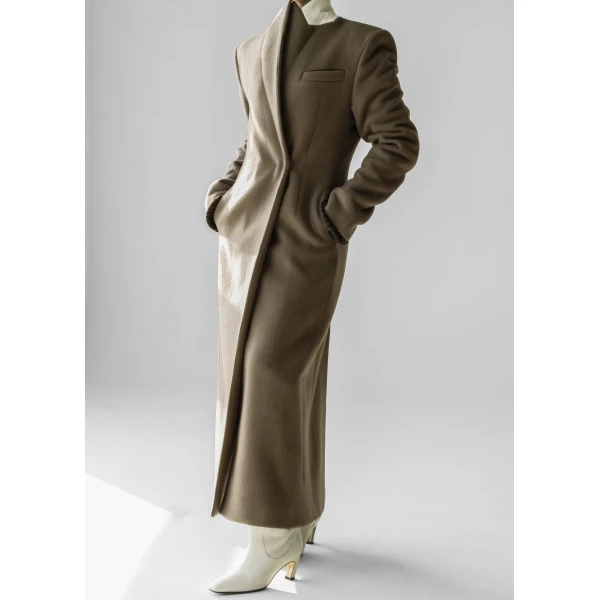 The Frankie Shop Melva Long Coat - Taupe - Oversized Minimalist Coats in Beige - Shop at Luxury Shoes 