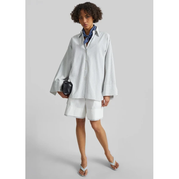 The Frankie Shop Menton Oversized Shirt - White/Blue Stripe - Oversized Minimalist Tops in Multicolour - Shop at Luxury Shoes 