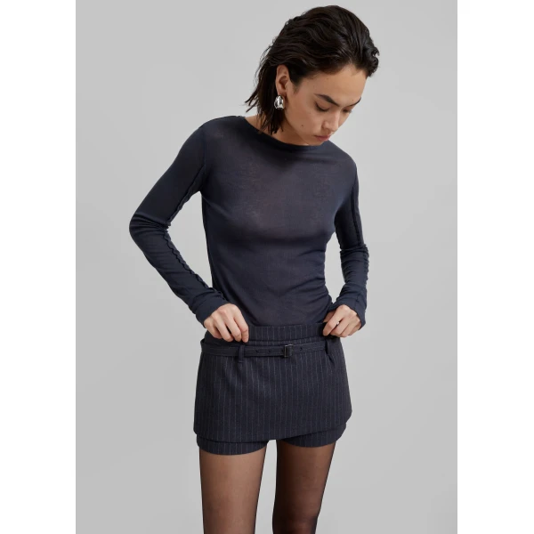 The Frankie Shop Mesa Sheer Long Sleeve Tee - Navy - Oversized Minimalist Tops in Blue - Shop at Luxury Shoes 