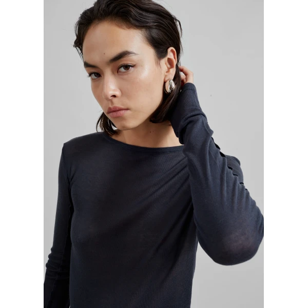 The Frankie Shop Mesa Sheer Long Sleeve Tee - Navy - Oversized Minimalist Tops in Blue - Shop at Luxury Shoes 