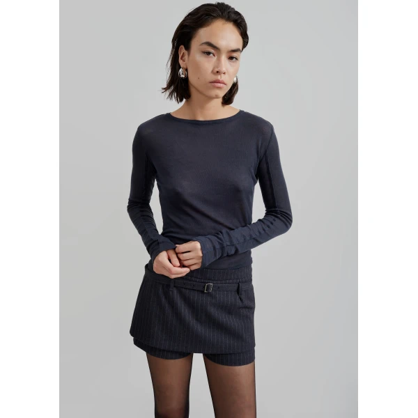 The Frankie Shop Mesa Sheer Long Sleeve Tee - Navy - Oversized Minimalist Tops in Blue - Shop at Luxury Shoes 