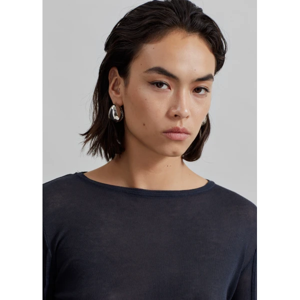 The Frankie Shop Mesa Sheer Long Sleeve Tee - Navy - Oversized Minimalist Tops in Blue - Shop at Luxury Shoes 