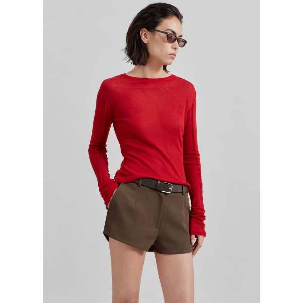 The Frankie Shop Mesa Sheer Long Sleeve Tee - Red - Oversized Minimalist Tops in Red - Shop at Luxury Shoes 