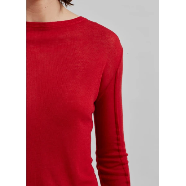 The Frankie Shop Mesa Sheer Long Sleeve Tee - Red - Oversized Minimalist Tops in Red - Shop at Luxury Shoes 