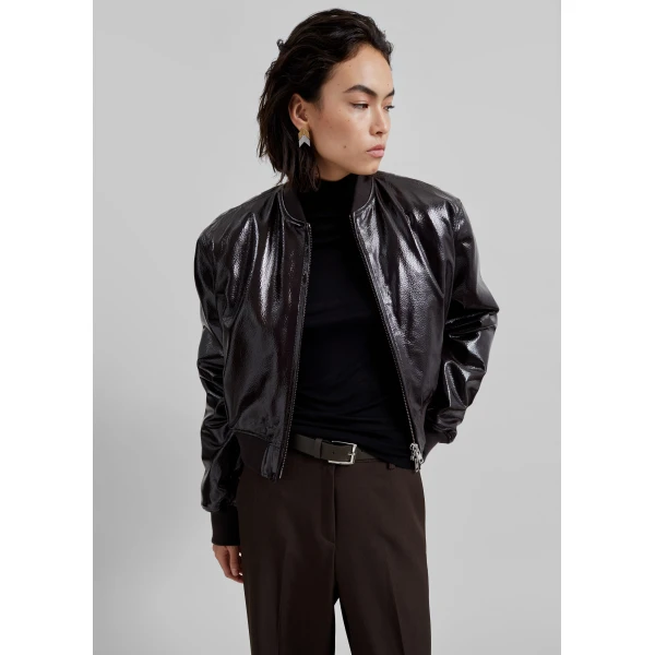 The Frankie Shop Micky Crackled Faux Leather Cropped Bomber - Dark Brown - Oversized Minimalist Jackets in Beige - Shop at Luxury Shoes 