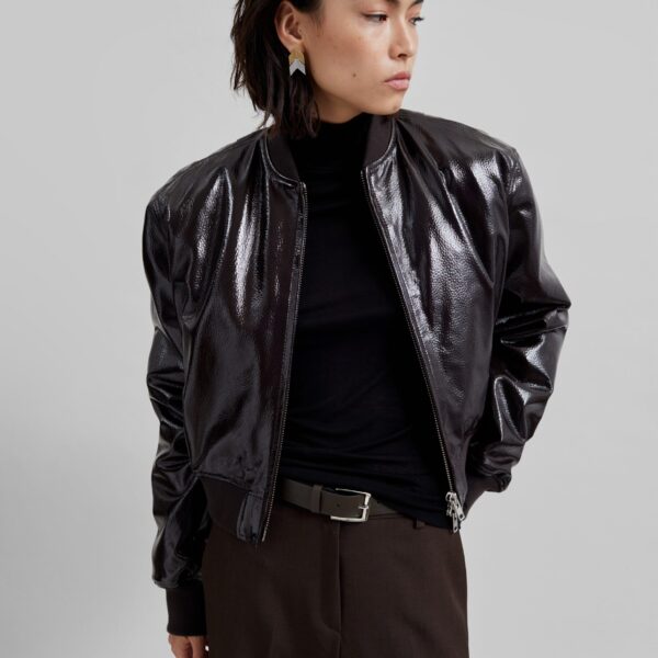 The Frankie Shop Micky Crackled Faux Leather Cropped Bomber – Dark Brown Jacket, view 2