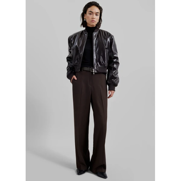 The Frankie Shop Micky Crackled Faux Leather Cropped Bomber - Dark Brown - Oversized Minimalist Jackets in Beige - Shop at Luxury Shoes 