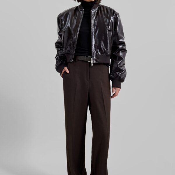The Frankie Shop Micky Crackled Faux Leather Cropped Bomber – Dark Brown Jacket, view 3