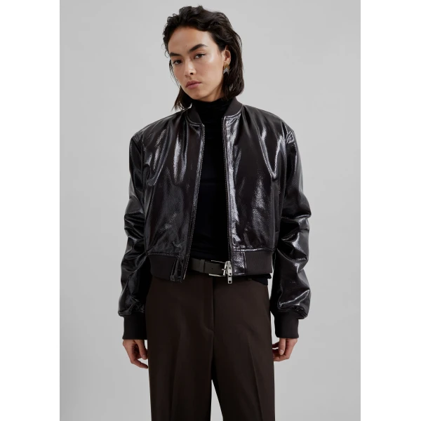 The Frankie Shop Micky Crackled Faux Leather Cropped Bomber - Dark Brown - Oversized Minimalist Jackets in Beige - Shop at Luxury Shoes 