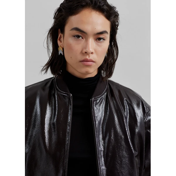 The Frankie Shop Micky Crackled Faux Leather Cropped Bomber - Dark Brown - Oversized Minimalist Jackets in Beige - Shop at Luxury Shoes 
