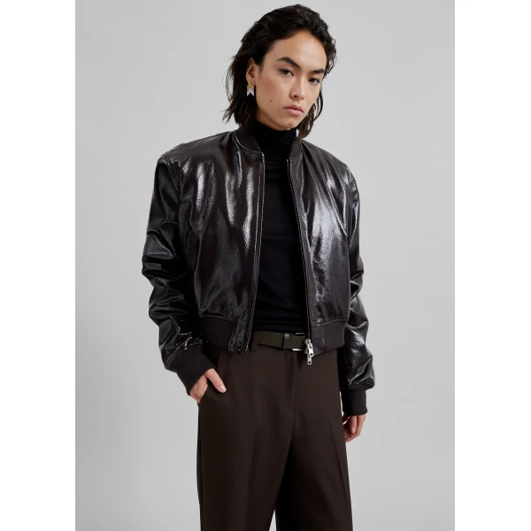 The Frankie Shop Micky Crackled Faux Leather Cropped Bomber - Dark Brown - Oversized Minimalist Jackets in Beige - Shop at Luxury Shoes 