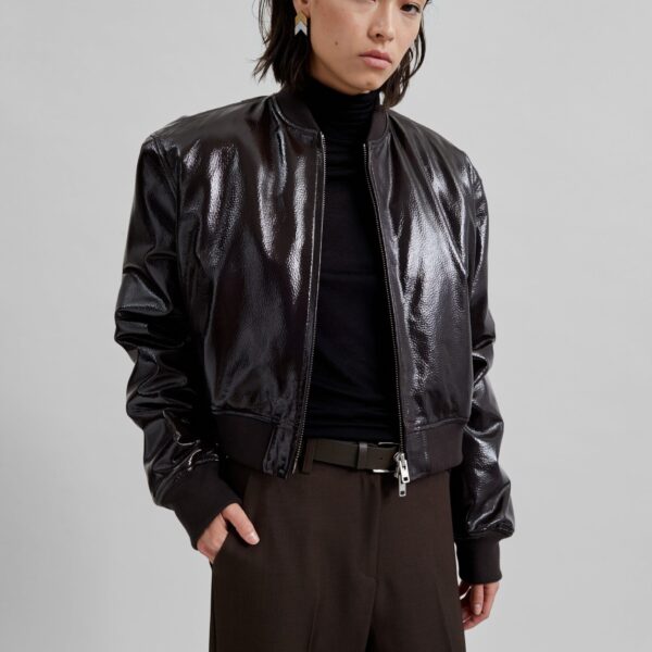 The Frankie Shop Micky Crackled Faux Leather Cropped Bomber – Dark Brown Jacket, view 6