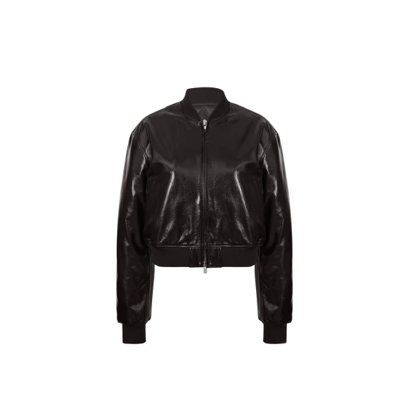 The Frankie Shop Micky Crackled Faux Leather Cropped Bomber - Dark Brown - Oversized Minimalist Jackets in Beige - Shop at Luxury Shoes 
