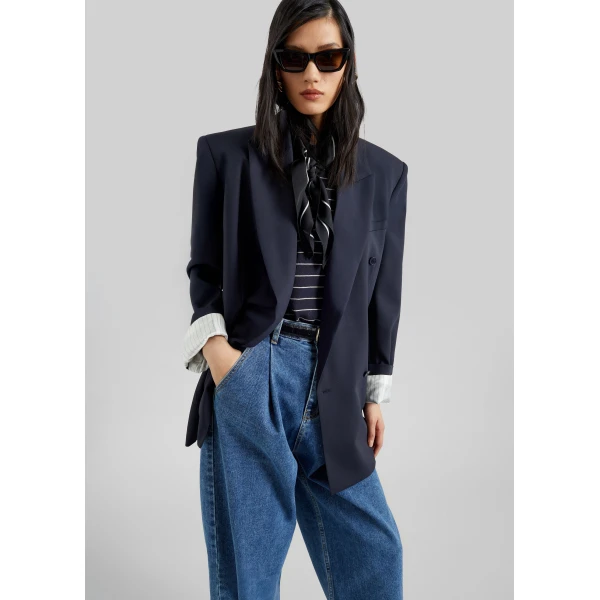 The Frankie Shop Monterey Structured Blazer - Dark Navy - Oversized Minimalist Jackets in Blue - Shop at Luxury Shoes 