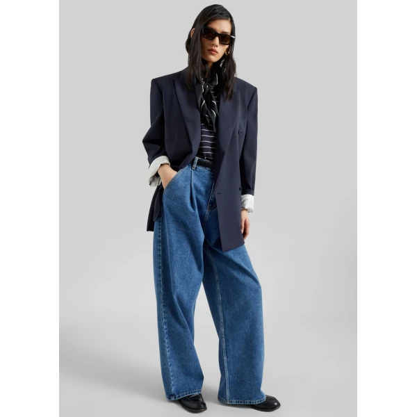 The Frankie Shop Monterey Structured Blazer - Dark Navy - Oversized Minimalist Jackets in Blue - Shop at Luxury Shoes 
