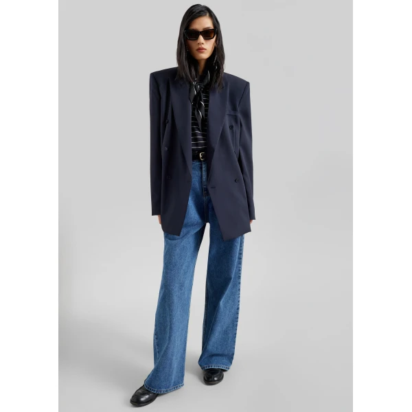 The Frankie Shop Monterey Structured Blazer - Dark Navy - Oversized Minimalist Jackets in Blue - Shop at Luxury Shoes 