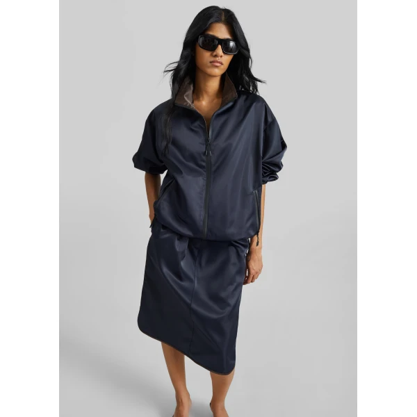 The Frankie Shop Munich Contrast Collar Zip-Up Jacket - Navy - Oversized Minimalist Jackets in Blue - Shop at Luxury Shoes 