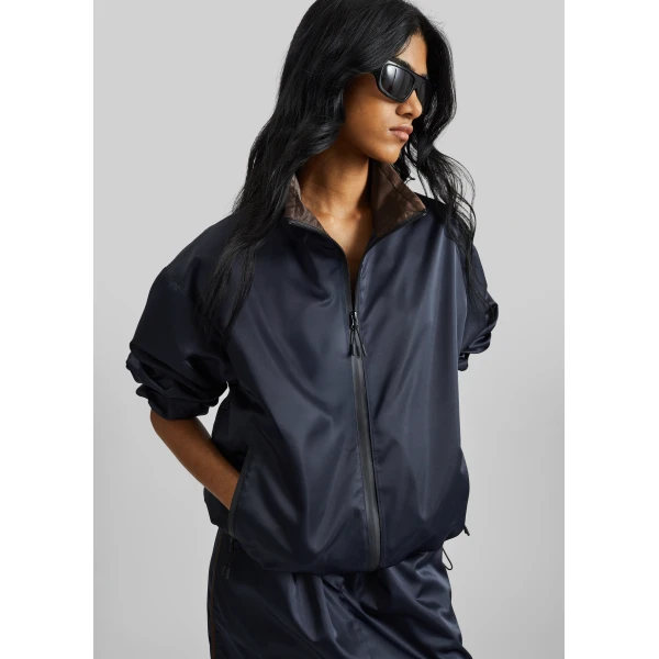 The Frankie Shop Munich Contrast Collar Zip-Up Jacket - Navy - Oversized Minimalist Jackets in Blue - Shop at Luxury Shoes 