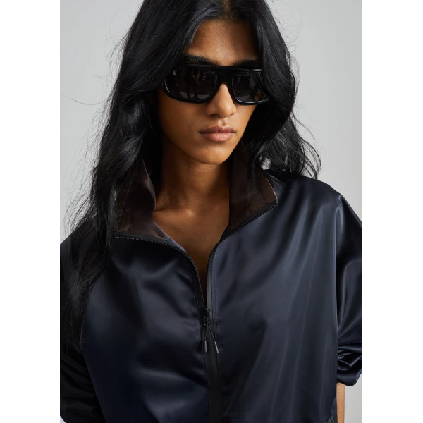 The Frankie Shop Munich Contrast Collar Zip-Up Jacket - Navy - Oversized Minimalist Jackets in Blue - Shop at Luxury Shoes 