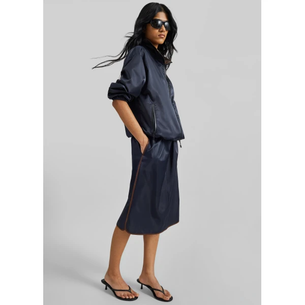 The Frankie Shop Munich Contrast Piping Midi Skirt - Navy - Oversized Minimalist Skirts in Blue - Shop at Luxury Shoes 