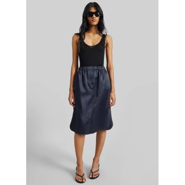 The Frankie Shop Munich Contrast Piping Midi Skirt - Navy - Oversized Minimalist Skirts in Blue - Shop at Luxury Shoes 