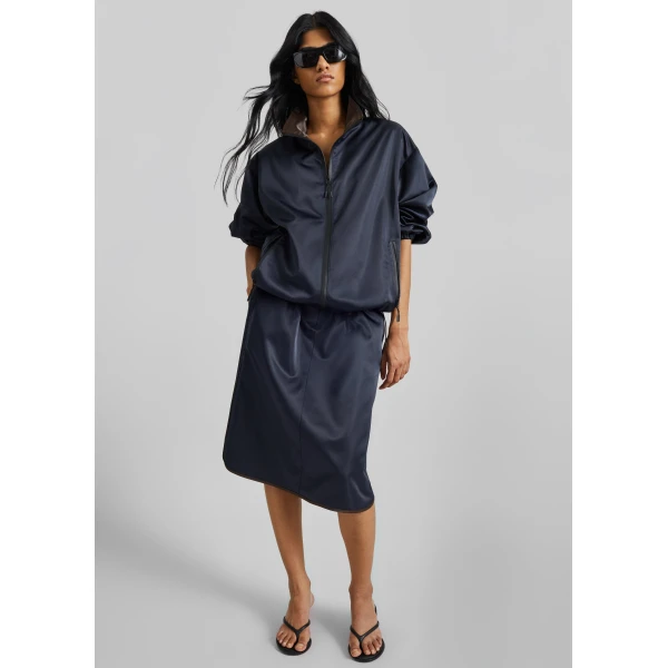 The Frankie Shop Munich Contrast Piping Midi Skirt - Navy - Oversized Minimalist Skirts in Blue - Shop at Luxury Shoes 