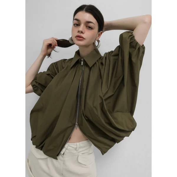 The Frankie Shop Murray Batwing Sleeve Balloon Jacket - Olive Brown - Oversized Minimalist Jackets in Beige - Shop at Luxury Shoes 