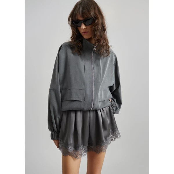 The Frankie Shop Mylah Satin Lace Trim Shorts – Slate Grey, view 2