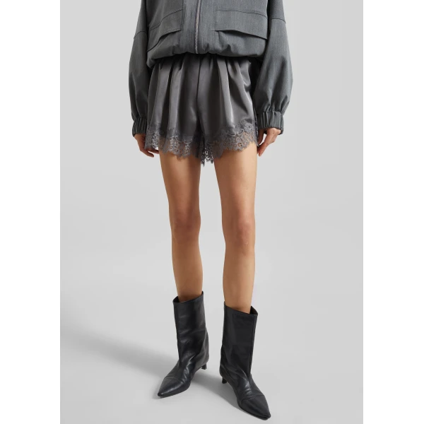 The Frankie Shop Mylah Satin Lace Trim Shorts – Slate Grey, view 3