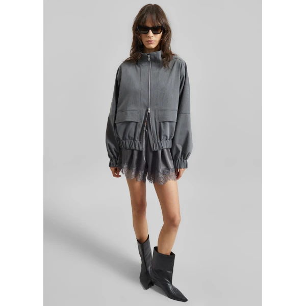 The Frankie Shop Mylah Satin Lace Trim Shorts – Slate Grey, view 4