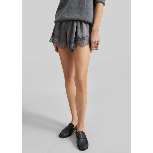The Frankie Shop Mylah Satin Lace Trim Shorts – Slate Grey, view 6