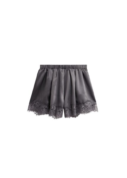 The Frankie Shop Mylah Satin Lace Trim Shorts - Slate Grey - Oversized Minimalist Shorts in Grey - Shop at Luxury Shoes 