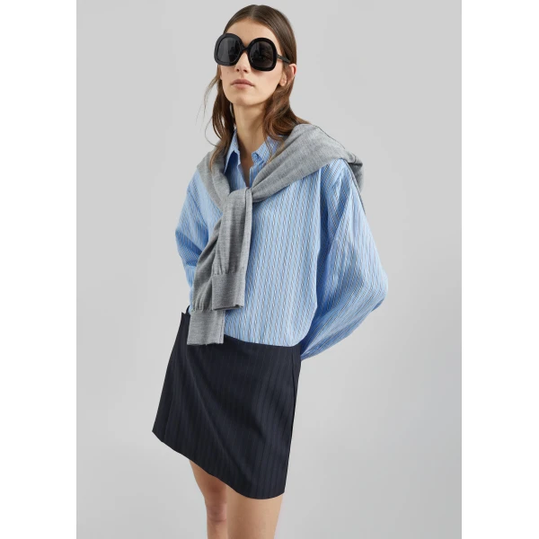 The Frankie Shop Narah Mini Skirt - Navy/White Pinstripe - Oversized Minimalist Skirts in Multicolour - Shop at Luxury Shoes 