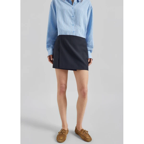 The Frankie Shop Narah Mini Skirt - Navy/White Pinstripe - Oversized Minimalist Skirts in Multicolour - Shop at Luxury Shoes 