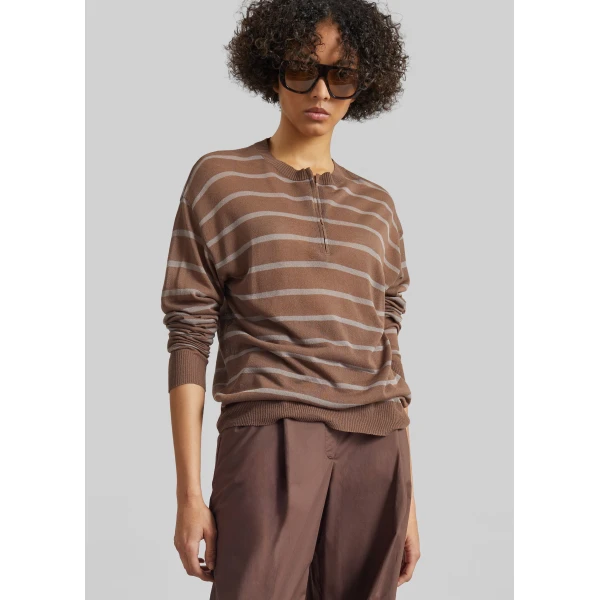 The Frankie Shop Nelas Knit Sheer Zip Pullover - Brown Stripe - Oversized Minimalist Knitwear in Multicolour - Shop at Luxury Shoes 