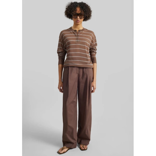 The Frankie Shop Nelas Knit Sheer Zip Pullover - Brown Stripe - Oversized Minimalist Knitwear in Multicolour - Shop at Luxury Shoes 