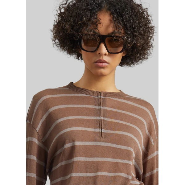 The Frankie Shop Nelas Knit Sheer Zip Pullover - Brown Stripe - Oversized Minimalist Knitwear in Multicolour - Shop at Luxury Shoes 