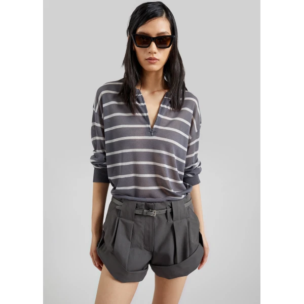 The Frankie Shop Nelas Knit Sheer Zip Pullover - Grey Stripe - Oversized Minimalist Knitwear in Multicolour - Shop at Luxury Shoes 