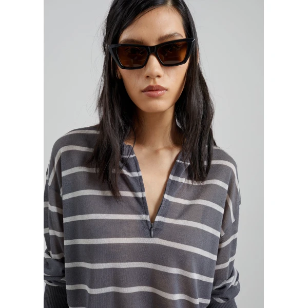 The Frankie Shop Nelas Knit Sheer Zip Pullover - Grey Stripe - Oversized Minimalist Knitwear in Multicolour - Shop at Luxury Shoes 