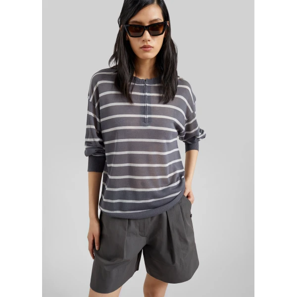 The Frankie Shop Nelas Knit Sheer Zip Pullover - Grey Stripe - Oversized Minimalist Knitwear in Multicolour - Shop at Luxury Shoes 