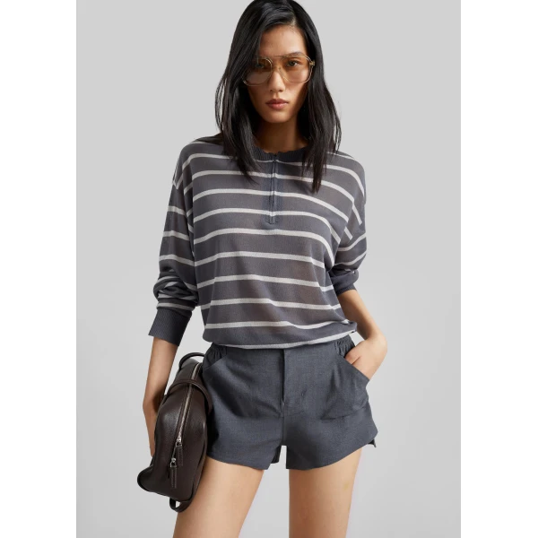 The Frankie Shop Nelas Knit Sheer Zip Pullover - Grey Stripe - Oversized Minimalist Knitwear in Multicolour - Shop at Luxury Shoes 