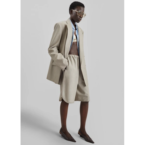 The Frankie Shop Nelis Suiting Bermuda Shorts - Beige Melange - Oversized Minimalist Shorts in Beige - Shop at Luxury Shoes 