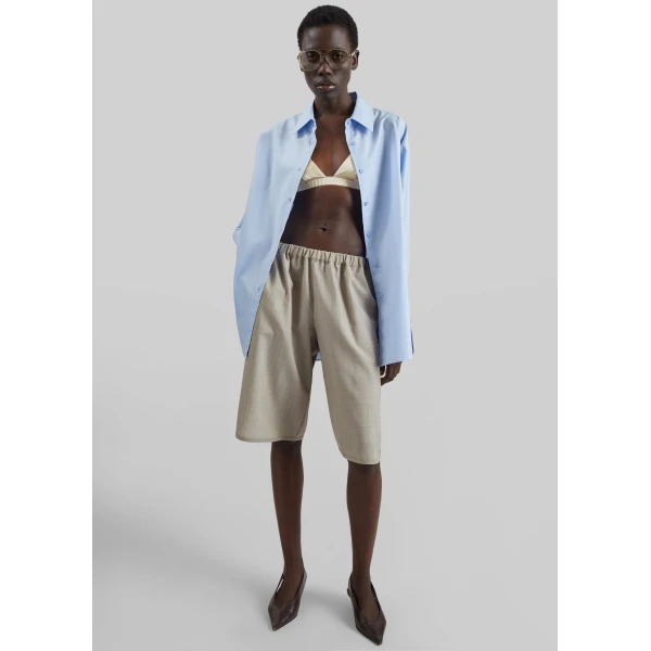 The Frankie Shop Nelis Suiting Bermuda Shorts - Beige Melange - Oversized Minimalist Shorts in Beige - Shop at Luxury Shoes 