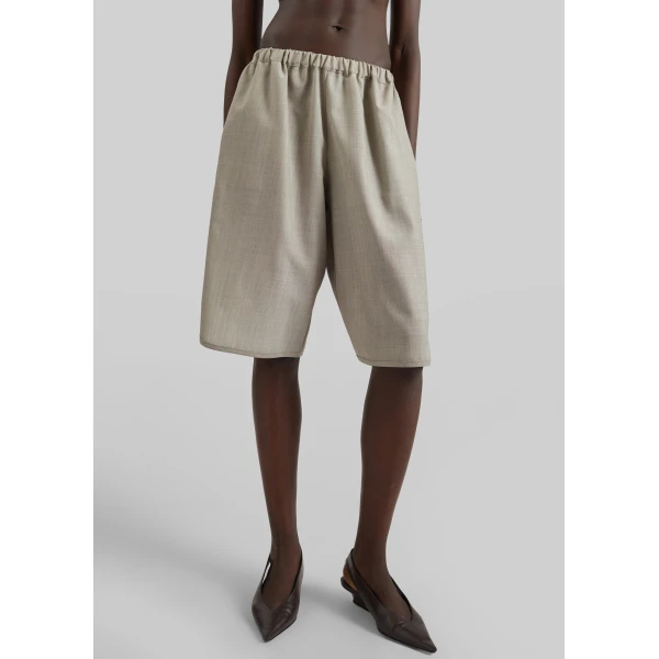 The Frankie Shop Nelis Suiting Bermuda Shorts - Beige Melange - Oversized Minimalist Shorts in Beige - Shop at Luxury Shoes 